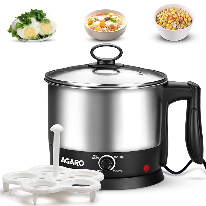 AGARO Esteem Electric Multi Kettle 1.2L, 600W, with Stainless Steel Body, Egg Rack, Grill Rack, 3 Heating Modes & Rapid Boil Technology, Boiling Water, Tea, Coffee, Oats, Noodle, Soup