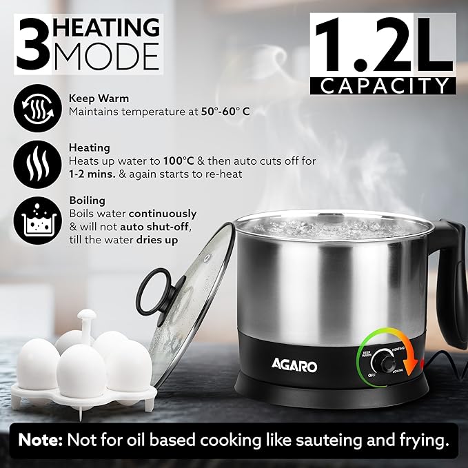 AGARO Esteem Electric Multi Kettle 1.2L, 600W, with Stainless Steel Body, Egg Rack, Grill Rack, 3 Heating Modes & Rapid Boil Technology, Boiling Water, Tea, Coffee, Oats, Noodle, Soup - Image 2